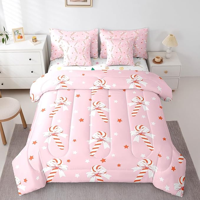 Feelyou Pink Christmas Girly Comforter Set with Sheets Kids Christmas Bowknot Bedding Set Boys Girls Bow Candy Decor Bed in a Bag Xmas Theme Bed Set Bedroom Twin Size