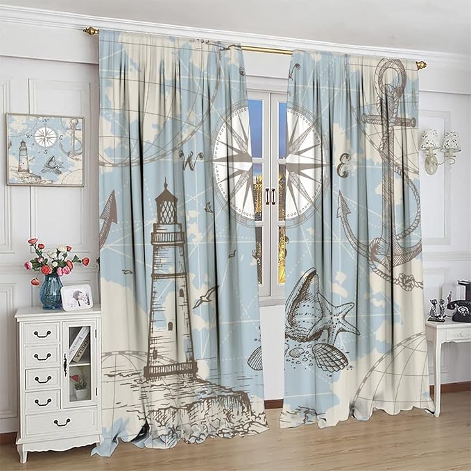 Nautical Theme Window Curtains,Pirate Sailboat Curtains for Bedroom,Conch Starfish Print Draperies for Living Room,Ocean Window Treatment Curtains Set 2 Panels,84x84 Inches
