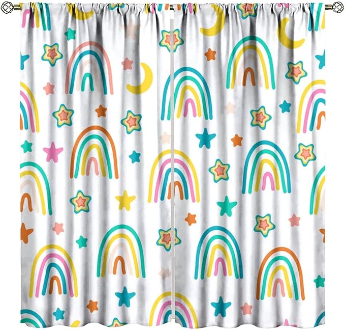 Kids Rainbow Curtains Cartoon Rainbow Abstract Bohemia Floral Lovely Stars Pattern Print Window Drapes for Girl Bedroom Living Room Kitchen Decor,2 Panel Set,42Wx54H Inch Blackout