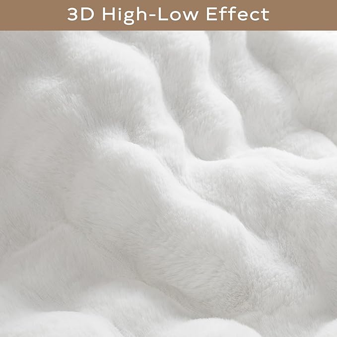 Ashler Faux Rabbit Fur Rug, White 2x6 FT Fluffy Soft Runner Area Rugs, Rectangle Fuzzy Carpet for Living Room, Bedroom, Machine Washable Shaggy Nursery - 3D Bubble Mat