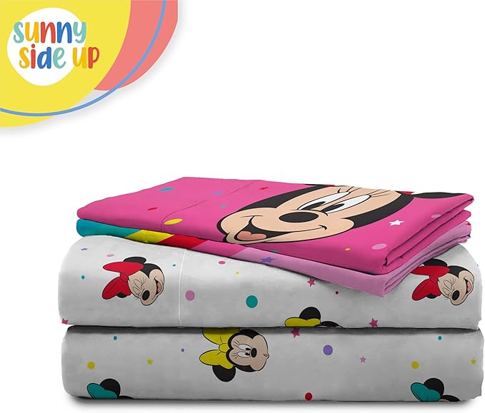 Sunny Side Up Disney Minnie Mouse Full Sheet Set - 4 Piece Kids Bedding Set Includes Pillow Cover - Super Soft Rainbow Dots Microfiber Sheets