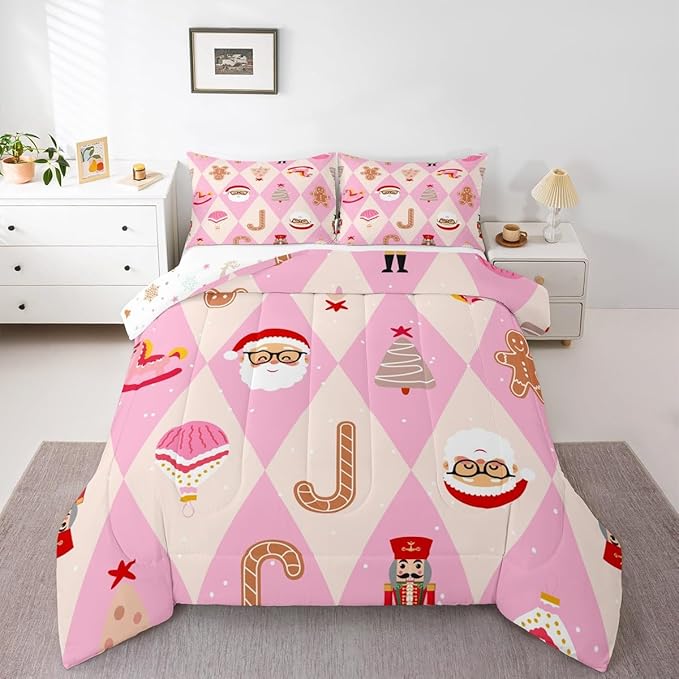 Feelyou Pink Christmas Kids Comforter Set King Size Santa Claus Bedding Set Xmas Tree Nutcracker Soldier Duvet Quilt for Kids Boys Girls Bedroom Gingerbread Man Decor Microfiber Ultra Soft Breathable
