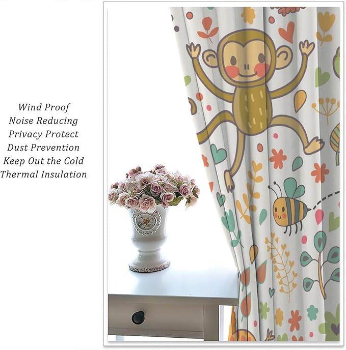Cute Monkeys Curtains, Zoo Theme Cartoon Funny Animals Crocodile Giraffe Turtle with Flowers Print Thermal Insulation Window Drapes for Kids Boys Girls Baby Bedroom Living Room 84x84in