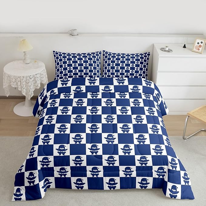 Feelyou Christmas Comforter Set King Size Checkered Bedding Set for Kids Boys Girls Santa Claus Duvet Quilt Xmas Decorations Bedroom Decor Blue Microfiber 3 Pcs with 2 Pillow Cases