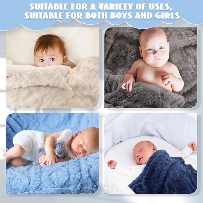 VitalCozy 4 Pcs Soft Fleece Baby Blankets Set 30" x 40" 3D Plush Warm Nursery Swaddling Bed Blanket Little Boys Girls Infant Toddlers and Newborn Receiving Gifts Blankets(Blue Set)
