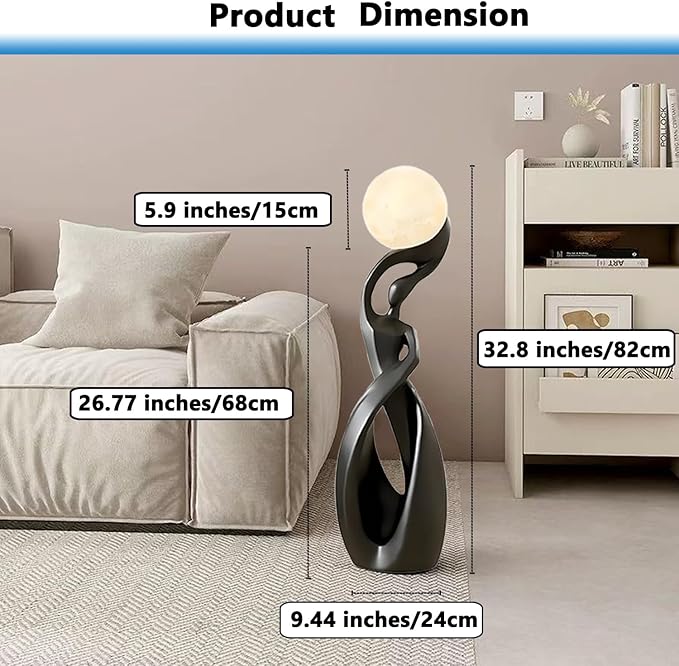 Bofea-Modern Minimalist Floor Lamp, Black for Living Room, Creative Nordic Bedside Bedroom with 3D Moon Tall Lights, Art Decoration for Girls Room, Dresser, Office