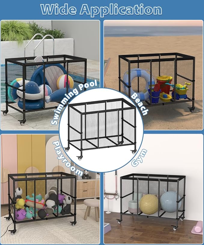 150 Gallon Swimming Pool Storage Bin, Outdoor Rolling Pool Toy Organizer Cart for Swimming Acessories, Pool Noodles Holder for Floaties, Life Vests, Beach Essentials, Patio Furniture, Black