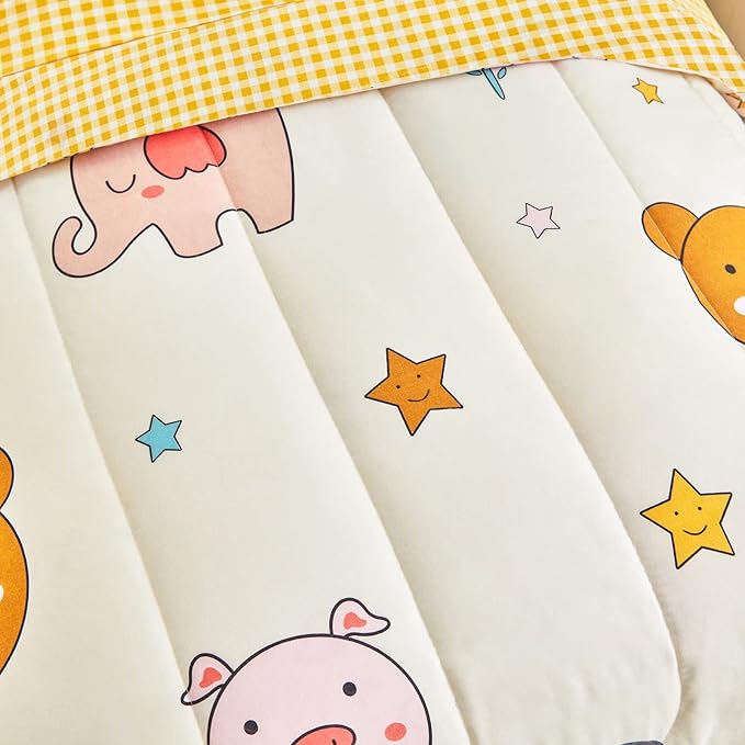 Flysheep 4 Piece Colorful Beige Toddler Bedding Set Happy Animals Printed for Baby Boys and Girls - Includes Quilted Comforter, Flat Sheet, Fitted Sheet & Pillow Case, Soft & Comfortable Microfiber