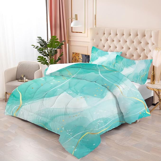 Comforter Set Teal Marble: King Size Aqua Marble Bedding Sets for Women Adults Room Decor Abstract Cyan Blue Green Quilt Luxury Gold Bed Set 1 Comforter & 2 Pillowcases