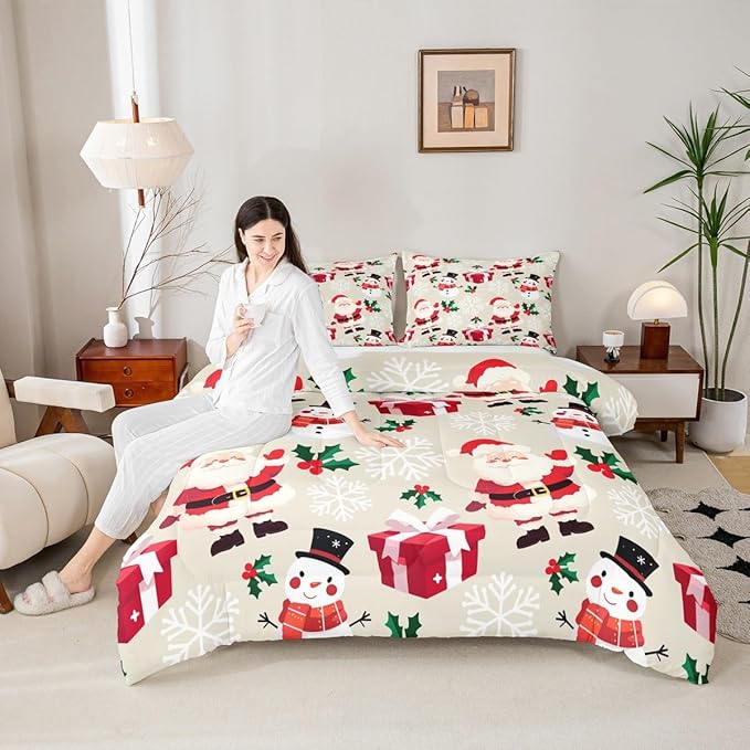 jejeloiu Merry Christmas Comforter Set Toddler Size Xmas Santa Claus Bedding Set for Kids Boys Girls Cute Snowman Duvet Quilt Beige Bedroom Decor