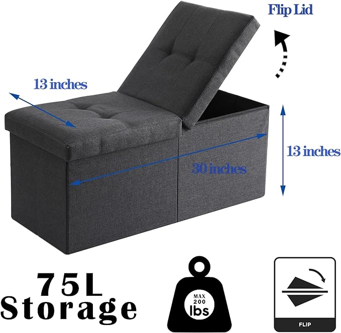 CUYOCA Storage Ottoman Bench Foldable Seat Footrest Shoe Bench End of Bed Storage with Flipping Lid, 75L Storage Space, 30 inches Linen Fabric Brown