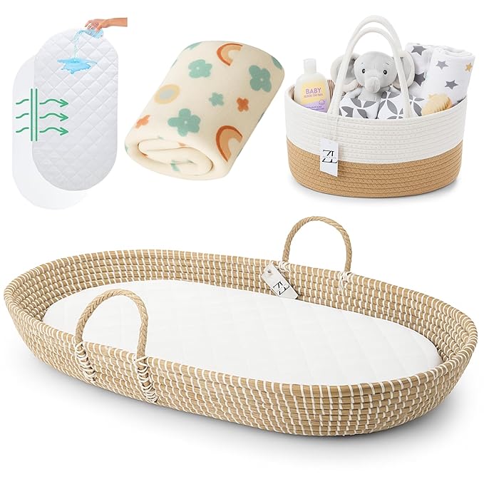 ZEAL'N LIFE Seagrass Baby Changing Basket, Diaper Basket, Baby Towel & Baby Changing Pad and Waterpoof Cover, Premium Handmade Seagrass, Moses Baskets for Newborn (Light Brown)