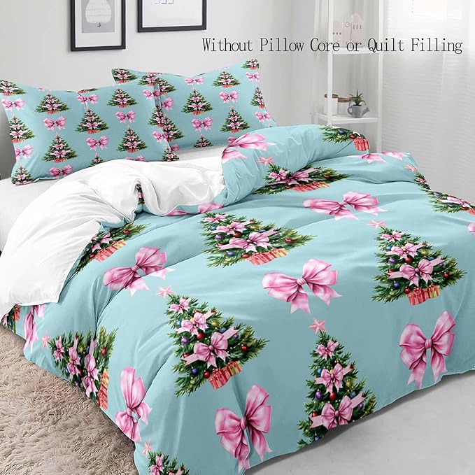 LUVIVIHOME 3PCS Pink Bow Christmas Tree Duvet Cover Full Bedding Set, Teen Girl Bedding, Blue Duvet Cover, Winter Holiday Kids Christmas Comforter Cover, Coquette Room Decor Aesthetic, 2 Pillow Cases