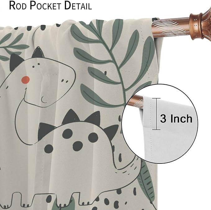 Funny Dinosaur Curtains, Jungle Cute Cartoon Animals Tropical Leaves Plant Beige Green Print Blackout Window Treatments for Kids Boys Girls Bedroom Living Room 84x84in