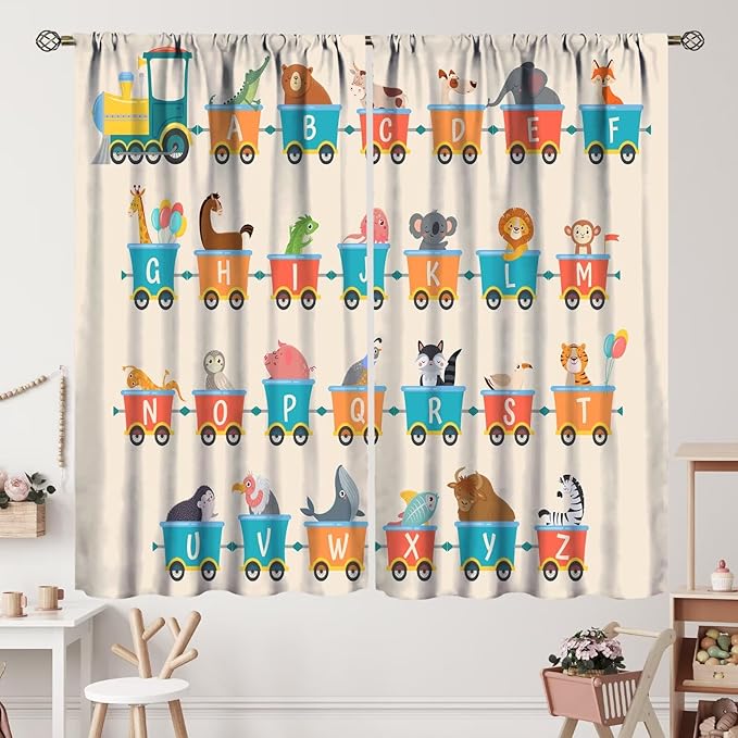 Kids Alphabet Curtains Funny Trains Letter Education School Cute Cartoon Animal Printed Curtain with Rod Pocket for Bedroom Living Room Drapes Window Treatments 2 Panels Set 52" W X 84" L
