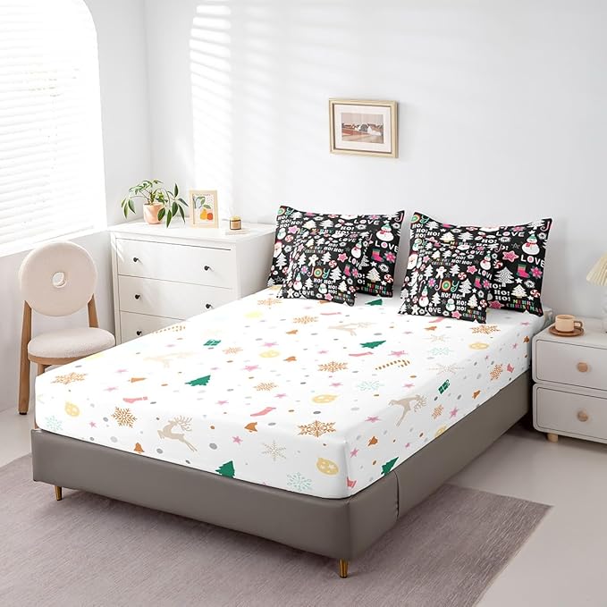 Christmas Kids Bedding Set Cartoon Snowman Gingerbread Man Comforter Set with Sheets for Boys Girls Christmas Tree Decor Bed in a Bag Pink Xmas Theme Black Bed Set 7Pcs Twin Size
