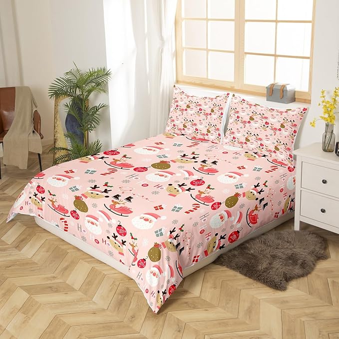 Manfei Christmas Duvet Cover Set Queen Size, Santa Claus and Reindeer Bedding Set 3pcs for Kids Girls Adult, New Year Theme Comforter Cover Soft Polyester Quilt Cover with 2 Pillowcases,No Comforter