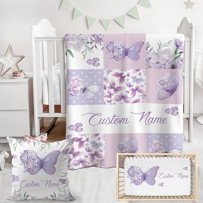Personalized Baby Crib Bedding Set,3 Piece Custom Name Nursery Set with Blanket, Fitted Sheet & Pillowcase for Baby Girls & Boys, Purple Butterfly Theme(Fixed Size)