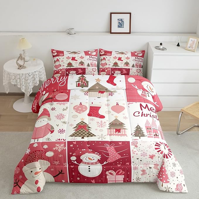 Christmas Tree Bedding Set Full Size,Merry Christmas Comforter Set for Kids Boys Girls Room Decor,Snowman Christmas Tree Snowflake Duvet Insert 3Pcs,Cartoon Plaid Patchwork Quilt Set,2 Pillowcases