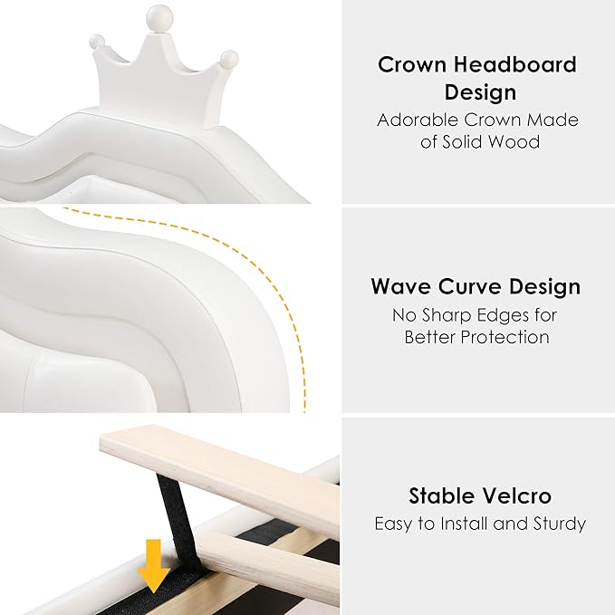 Keyluv Full Upholstered LED Bed Frame with Storage Drawer, Leather Princess Platform Bed with Adjustable Crystal Button Tufted Crown Headboard, Solid Wooden Slats Support, No Box Spring Needed, White