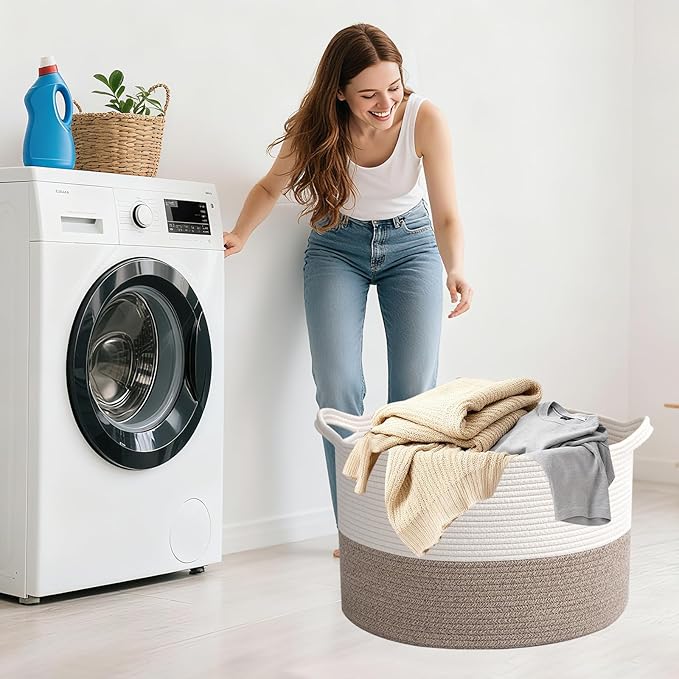 Large Blanket Basket for Organizing,65L Closet Organizers and Storage Bins Box for Shelves Woven Rope Storage Baskets,Living Room,Bedroom,Dorm,Laundry room (White&Brown)