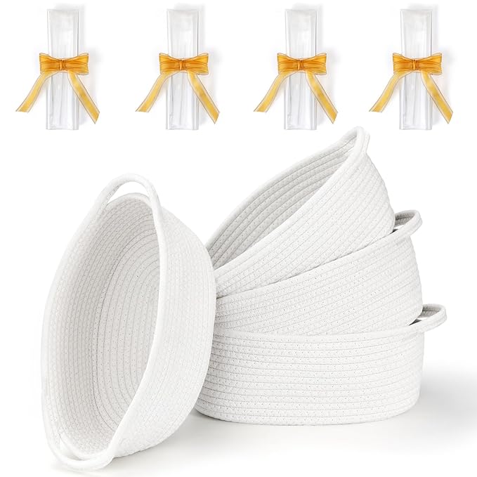 4 Pack Small Woven Basket with Handles, All 12"x 8"x 5", Cotton Rope Room Shelf Storage Basket, Cat Toys, Cute Baby Gift Basket with Gift Bags and Ribbons for Nursery, Empty Decorative Gift Chest Box