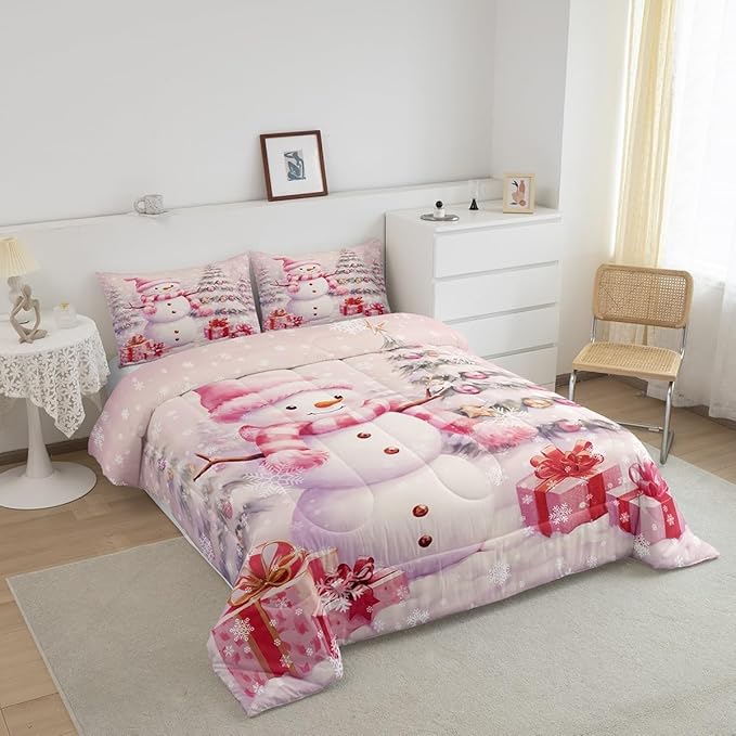 Castle Fairy Pink Christmas Snowman Boys Kids Comforter Set Full Size,Xmas Tree Gift Duvet Set Room Decor,Merry Christmas Brushed Microfiber Soft Bedding Comforter