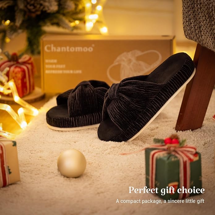 Chantomoo Slippers for Women Memory Foam House Bedroom Corduroy Bow Crossbands Slipper Shoes Comfy Trendy Gift Slippers
