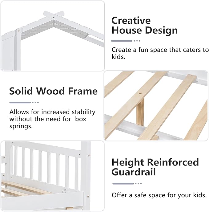 Twin Bed Frames for Kids, House Bed with Trundle and Shelves, Wood Playhouse Platform Bed Frame with Window and Fence for Boys Girls, White, 74.4" L x 42.7" W x 72" H