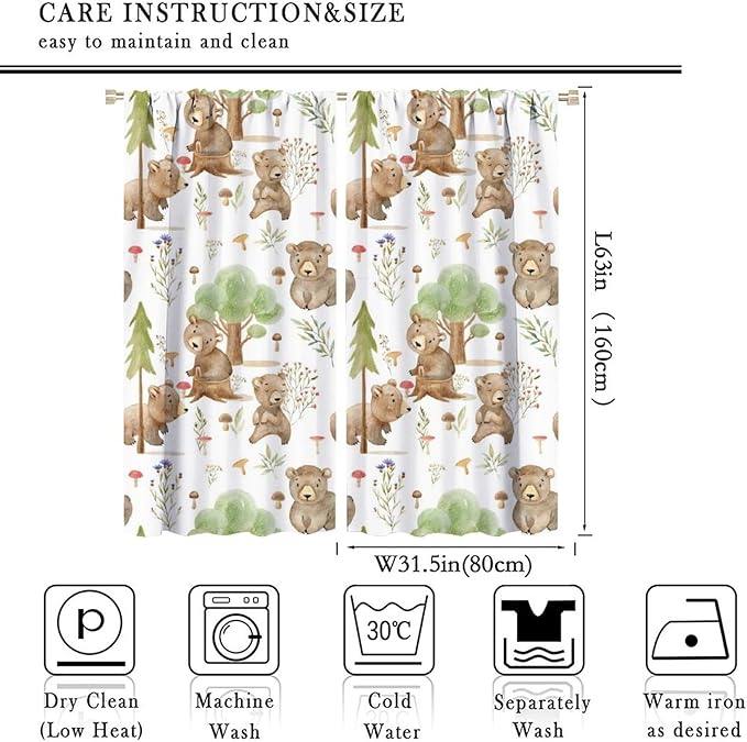 Forest Animal Curtains,Kids Home Bedroom Window Treatments, Cartoon Watercolor Bear Squirrel Woodland Animal Drapes 63x63in