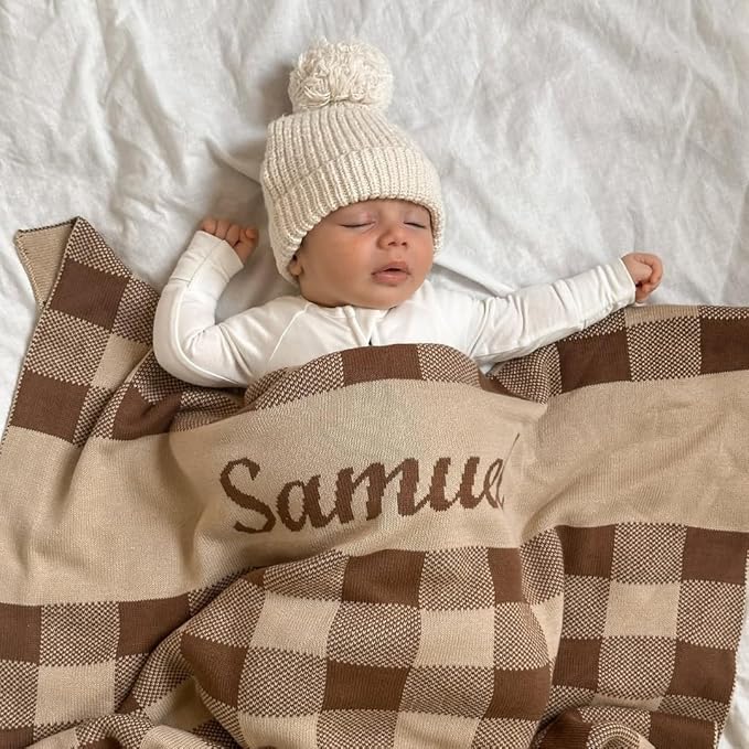 Personalized Gingham Name Blanket – 100% Organic Cotton Customized Baby Blanket, Custom Name, Crib 36x60, Gift for Baby Shower, Birthday Present, Girls and Boys, Toddlers Kids - Made in America