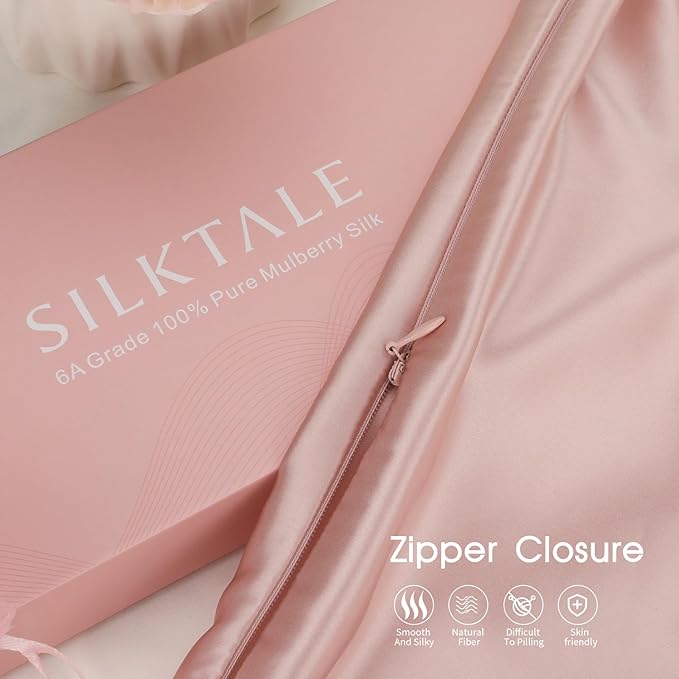 Zip Up 100% Mulberry Silk Pillowcase Set of 2,Both Sides Zippered Pure Silk Breathable Pillow Case for Hair and Skin,19 Momme Grade 6A,Light Pink,Standard Size 20x30 Inches