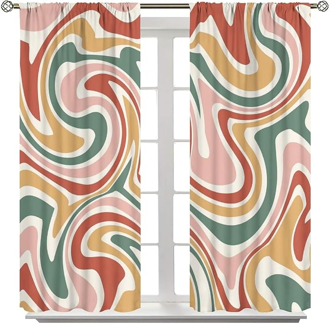 70S Abstract Wavy Swirl Curtain for Bedroom Windows,Retro Boho Minimal Teen Girls Kids Living Room Restroom Window Treatments Drapes 42"" W X 63"" L, Style-4