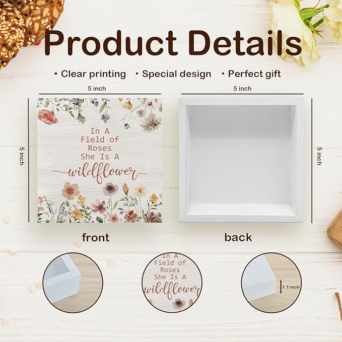 In a Field of Roses She Is a Wildflower Inspirational Wooden Sign Desk Decor, Wildflower Nursery Decorative Signs for Baby Girl Room, Inspirational Home Sign Shelf Desk Decor 5x5 Inch