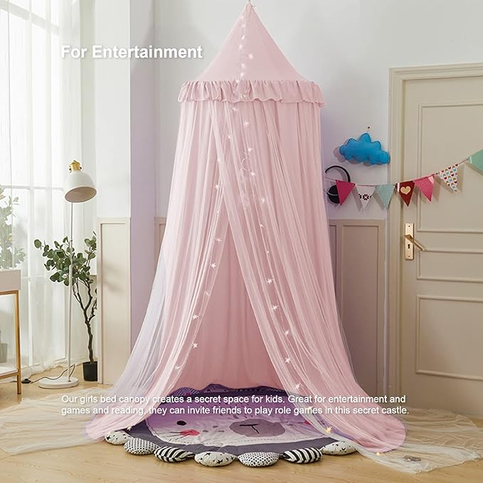 Bed Canopy for Girls, Double Layer Dome Mosquito Net Princess Canopy for Girls Bed Room Decor Reading Nook (Pink)