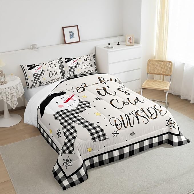 Kids Christmas Snowman Comforter Set King Size,Snowflake Winter Bedding,Girls Boys Adults Bedroom/Xmas Cabin Decor,Geometric Grids Lattice Down Comforter,Rustic Vintage Duvet Insert,2 Pillowcases