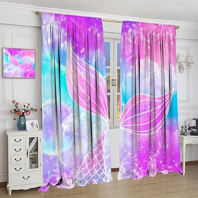 Suitable for Girls Mermaid Curtains, Rainbow Pink Purple Mermaid Tail Fish Scales Fantasy Ocean Print Curtains for Living Room Children Baby Room Nursery, 42x63 Inches