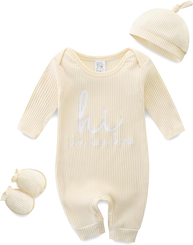 Baby Romper with Baby Mittens & Newborn Hats Footless Long Sleeve Solid Onesie Hi Im New Here