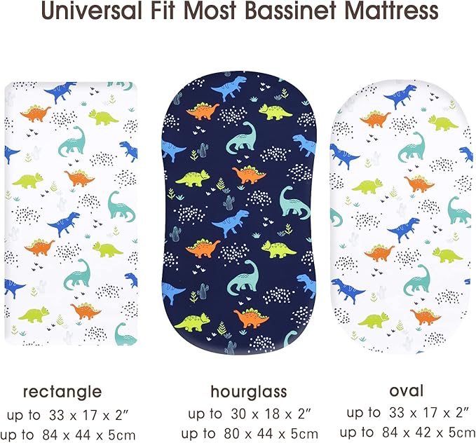 PHF 3 Pack Soft Bassinet Sheets, Dinosaur Breathable Comfy Cradle Sheets for Baby Boys, No Slip Universal Fit for Most Cradle and Bassinet Mattress, Navy Dinosaur