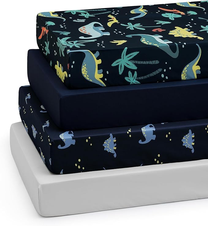 PHF 4 Pack Soft Dinosaur Crib Sheets Fitted, Comfy Breathable Baby Sheets for Boys Girls, 28x52 Inches Fits Standard Crib and Toddler Mattresses, Dinosaur