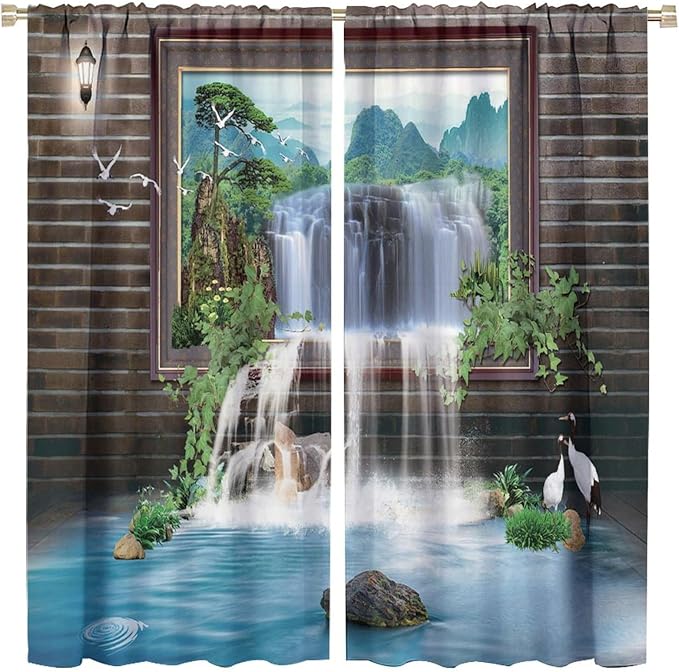 Waterfall Blackout Window Curtains, Tropical Rainforest Jungle Plants Forest Wild Nature Landscape Window Drapes, for Living Room Bedroom 42x63in 2 Panels