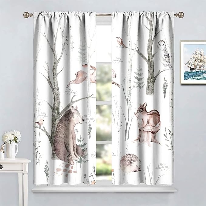 Watercolor Woodland Animal Curtains, Wildlife Bear Farmhouse Lodge Cabin Squirrel Owl Hedgehog Fox Blackout Rod Pocket Windows Door Curtain for Bedroom Living Room Home Decor 84x84in