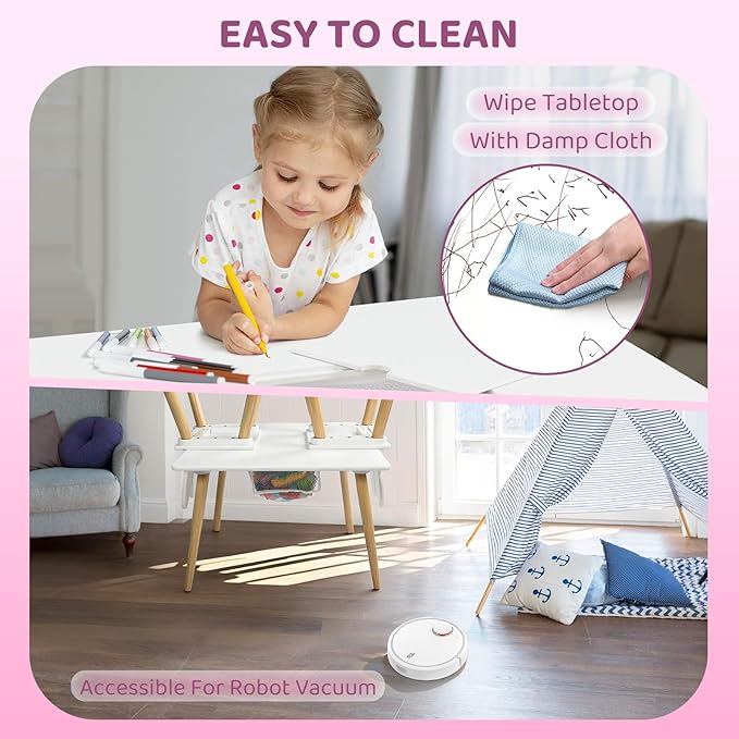 JOYMOR Kids Table and 2 Chairs Set, 3 in 1 Design for Toddler Activity, with Removable Tabletop, Storage Space and White Bunny Ear Chairs, Ideal for Craft and Playroom, Fit for Kids 2 to 5 Years Old