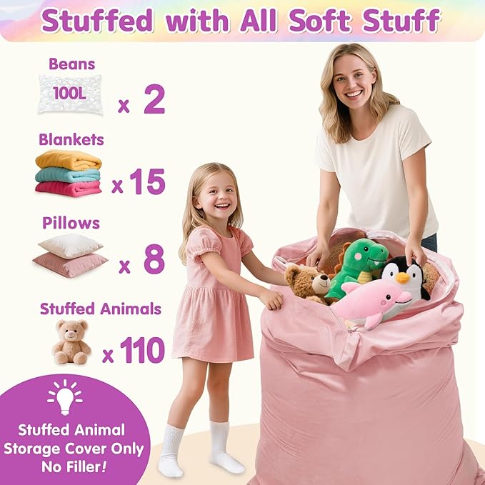 Jorbest Stuffed Animal Storage Bean Bag Chair for Kids and Adults, Luxury Velvet Stuffed Animal Bean Bag Storage, Cover Only(Sweet Pink 200 L/52 Gal)