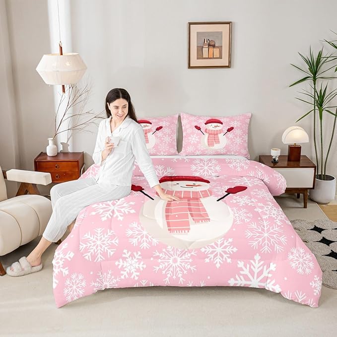 Feelyou Christmas Bedding Set Soft for Boys Girls, Snowman Pink Comforter Set Toddler Size Xmas Snowflakes Duvet Quilt Microfiber Winter Snow Bedroom Decor 2 Pcs with 1 Pillow Cases