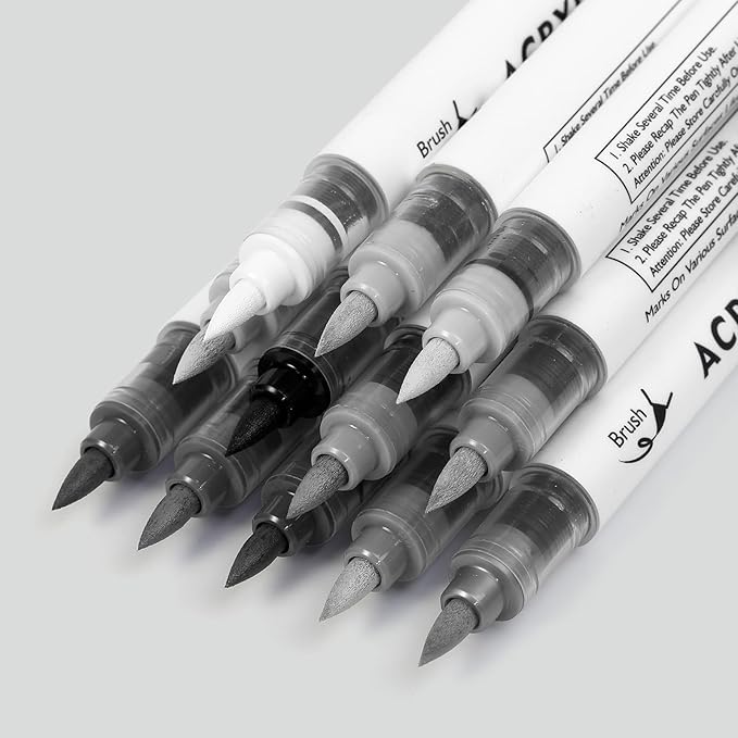 Grey Tones Acrylic Paint Pens, 12 Colors Markers Set with Soft Brush & Bullet Tip, for Rock, Painting, Wood, Glass, Ceramic, Canvas, Stone, DIY Crafts, Making Art Supplies, Fabric Paint