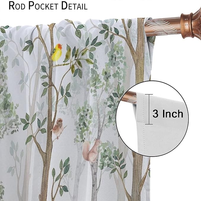 Kids Watercolor Woodland Animal Window Curtains, Bear Deer Squirrel Hedgehog Fox Birds Green Forest Blackout Rod Pocket Window Treatment for Boys Girls Bedroom 72x63in