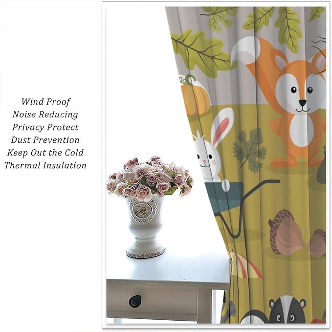 Cartoon Curtains, Jungle Animals Autumn Fun Pattern Window Treatments, Rod Pocket Thermal Insulated Drapes 2 Panel Sets for Children Boys Bedroom Nursery Classroom, 42" W X 45" L【Decor】