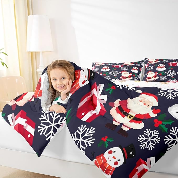 jejeloiu Merry Christmas Comforter Set Full Size Xmas Santa Claus Bedding Set for Kids Boys Girls Cute Snowman Duvet Quilt Dark Blue Bedroom Decor