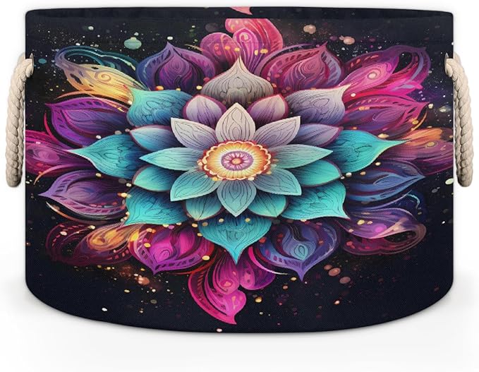 Galaxy Ethnic Mandala Round Storage Basket for Laundry & Toys, Lightweight Fabric Laundry Hamper with Handles, Foldable Large Organizer Bin for Bedroom Bathroom Nursery Dorm